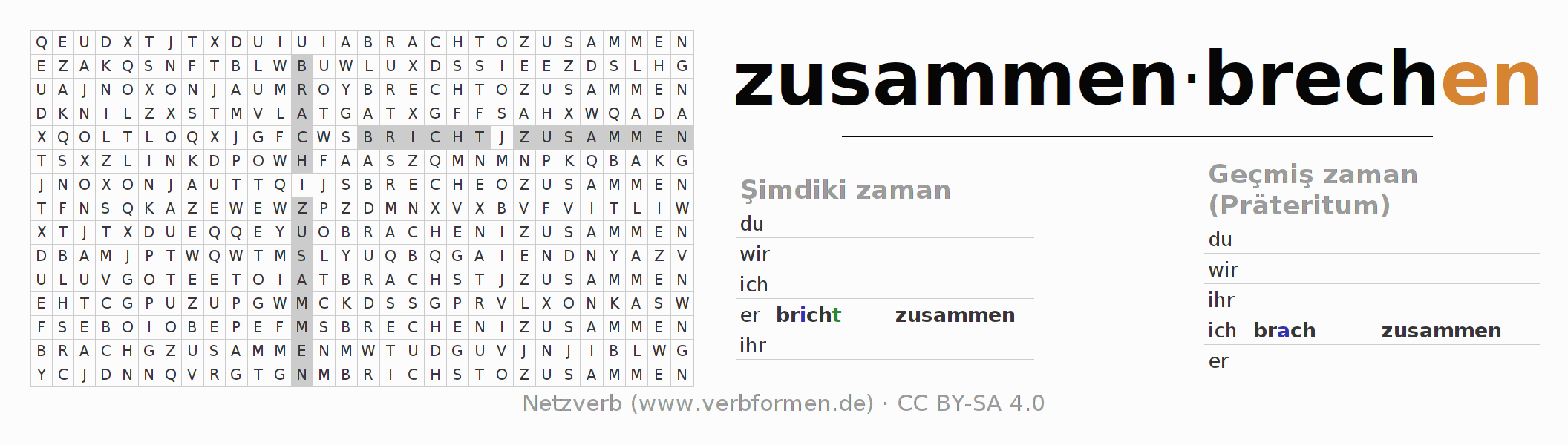 Almanca fiil zusammenbrechen çekimi için kelime bulmacası